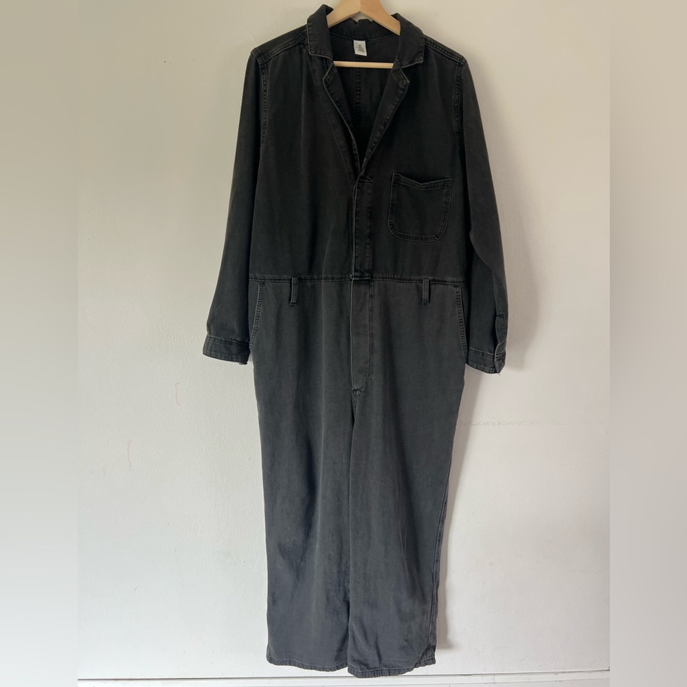 &Denim Washed Black Grey Long‎ Sleeve Button Front Relaxed Fit Denim Jumpsuit